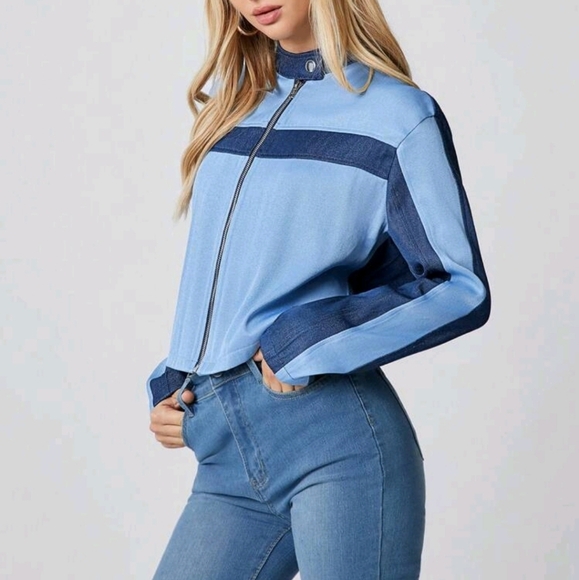 Autumn/Winter Denim Effect Colorblock Stand Collar Fitted Motorcycle Jacket - Picture 3 of 7